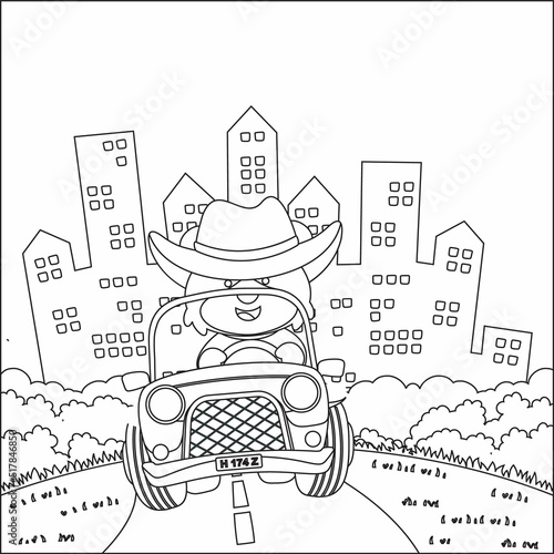 Cute little fox cartoon having fun driving off road car on sunny day. Cartoon isolated vector illustration, Creative vector Childish design for kids activity colouring book or page.