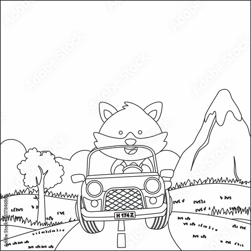Cute little fox cartoon having fun driving off road car on sunny day. Cartoon isolated vector illustration, Creative vector Childish design for kids activity colouring book or page.