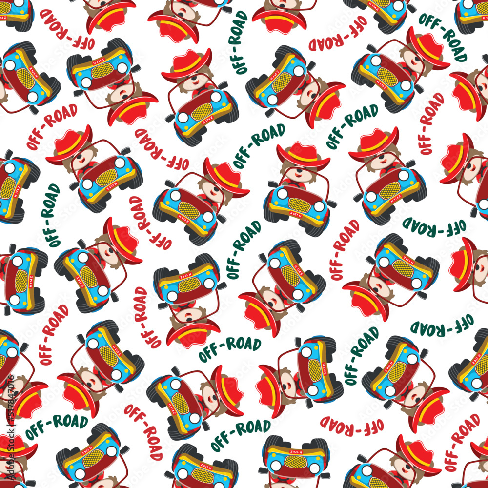 Fototapeta premium Seamless pattern vector of Cute fox cartoon having fun driving off road car go to forest. Creative vector childish background for fabric textile, nursery wallpaper, poster. and other decoration.