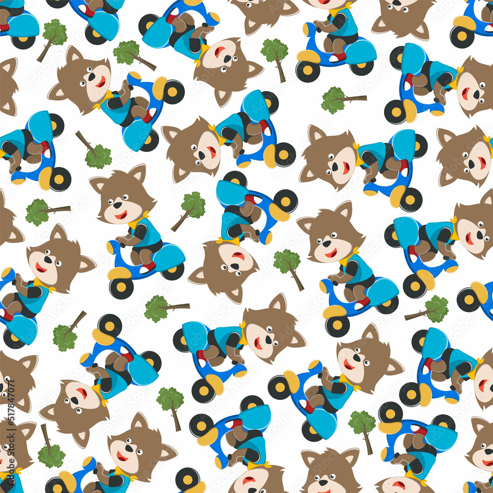 Seamless pattern texture with Cute fox Riding Scooter, Cartoon Vector Illustration. For fabric textile, nursery, baby clothes, background, textile, wrapping paper and other decoration. Seamless pattern texture with Cute fox Riding Scooter, Cartoon Vector Illustration. For fabric textile, nursery, baby clothes, background, textile, wrapping paper and other decoration.