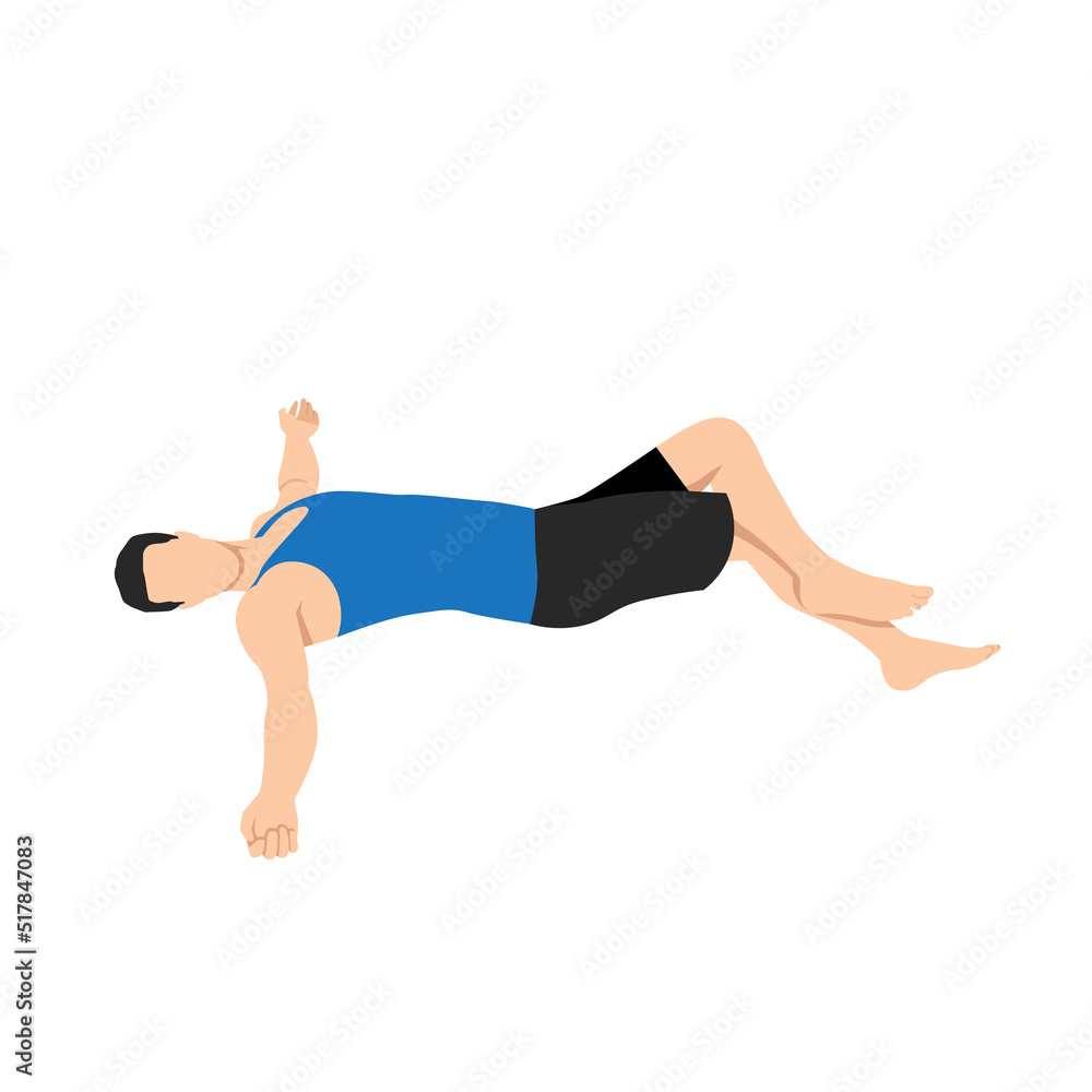 Man doing Reclining eagle pose variation Supta garudasana exercise. Flat vector illustration isolated on white background Man doing Reclining eagle pose variation Supta garudasana exercise. Flat vector illustration isolated on white background