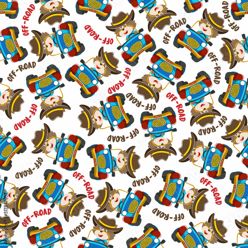 Seamless pattern vector of Cute fox cartoon having fun driving off road car go to forest. Creative vector childish background for fabric textile, nursery wallpaper, poster. and other decoration.