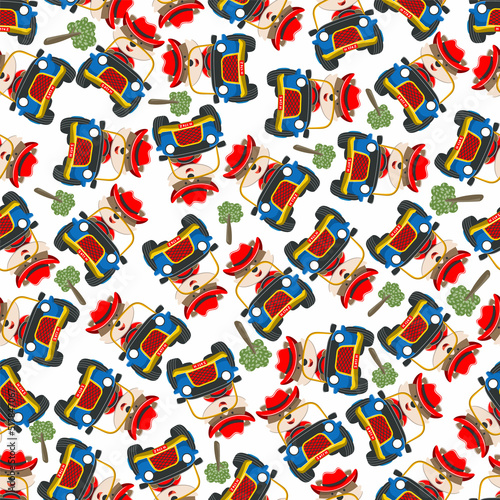 Seamless pattern vector of Cute fox cartoon having fun driving off road car go to forest. Creative vector childish background for fabric textile, nursery wallpaper, poster. and other decoration.