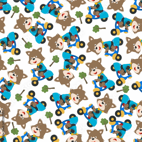 Fototapeta Naklejka Na Ścianę i Meble -  Seamless pattern texture with Cute fox Riding Scooter, Cartoon Vector Illustration. For fabric textile, nursery, baby clothes, background, textile, wrapping paper and other decoration.