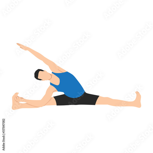 Man doing side seated wide angle pose parsva upavistha konasana exercise. Flat vector illustration isolated on white background