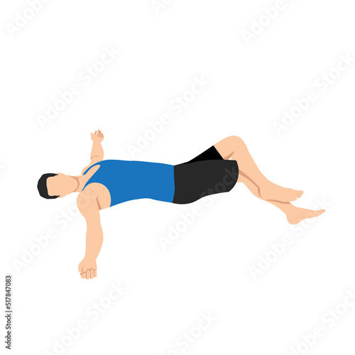 Man doing Reclining eagle pose variation Supta garudasana exercise. Flat vector illustration isolated on white background