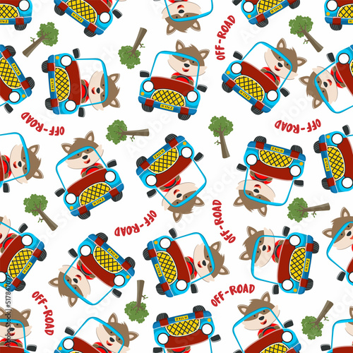 Seamless pattern vector of Cute fox cartoon having fun driving off road car go to forest. Creative vector childish background for fabric textile, nursery wallpaper, poster. and other decoration.