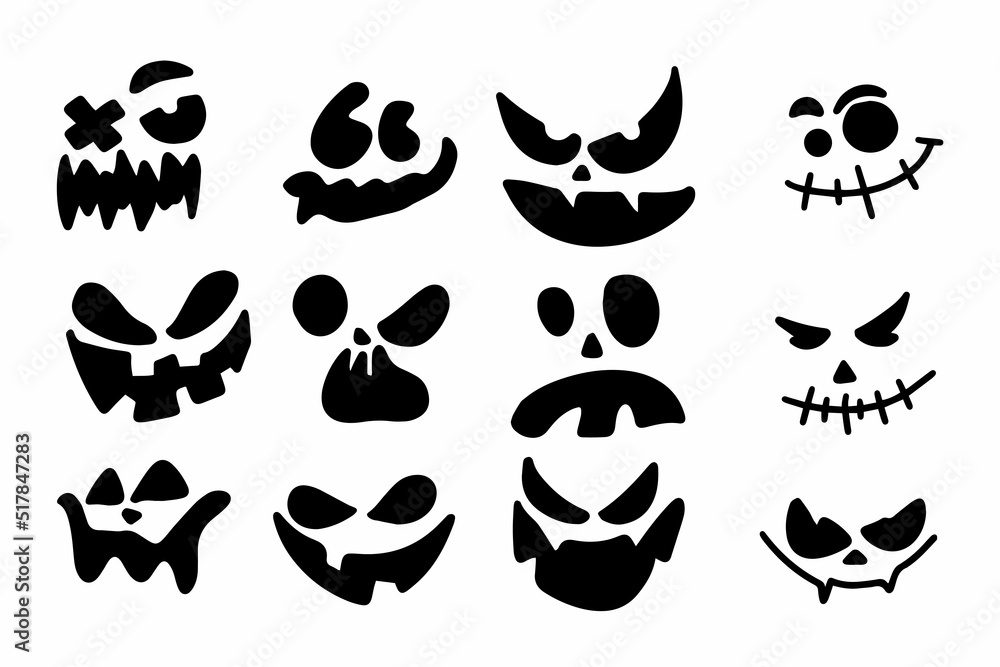 Halloween face silhouette sticker. Scary halloween pumpkins, icon set, vector illustration.