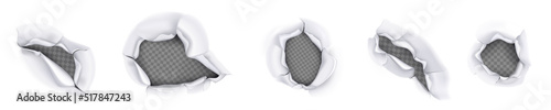 Holes in paper, pages with torn curve edges and gaps. Ripped white sheet, ragged teared and curled parts and peeling elements isolated on transparent background, Realistic 3d vector illustration, set