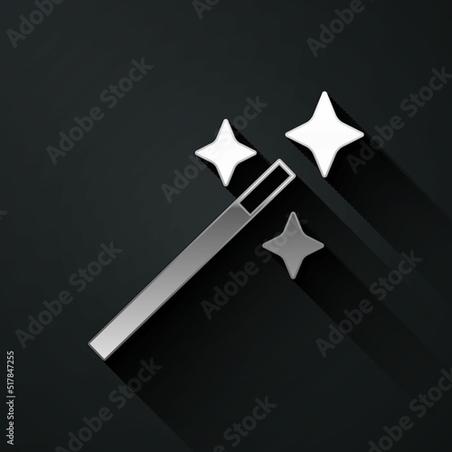 Silver Photo retouching icon isolated on black background. Photographer, photography, retouch icon. Long shadow style. Vector