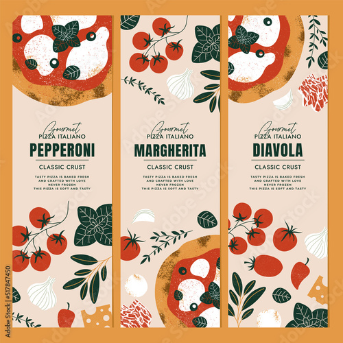 Italian pizza design collection. Pizza vertical banners with tomatoes and mozzarella. 