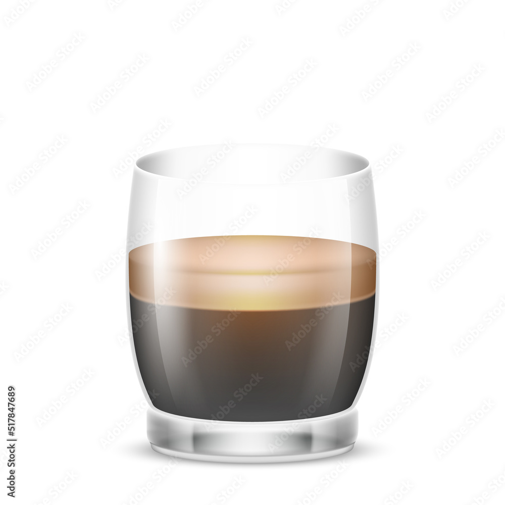 Doppio coffee in transparent cup. Fresh hot beverage double espresso in mug. Strong black coffee Doppio coffee in transparent cup. Fresh hot beverage double espresso in mug. Strong black coffee