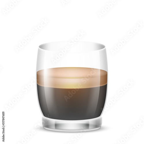 Doppio coffee in transparent cup. Fresh hot beverage double espresso in mug. Strong black coffee