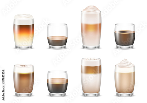 Set of black and coffee with milk in clear glasses. Realistic coffee beverages espresso, cappuccino