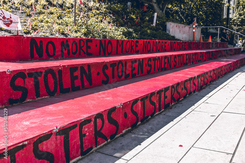 A sign with text "No more stolen sisters" on the Robson Square. Memorial to honour Missing and Murdered Indigenous Women in US and Canada