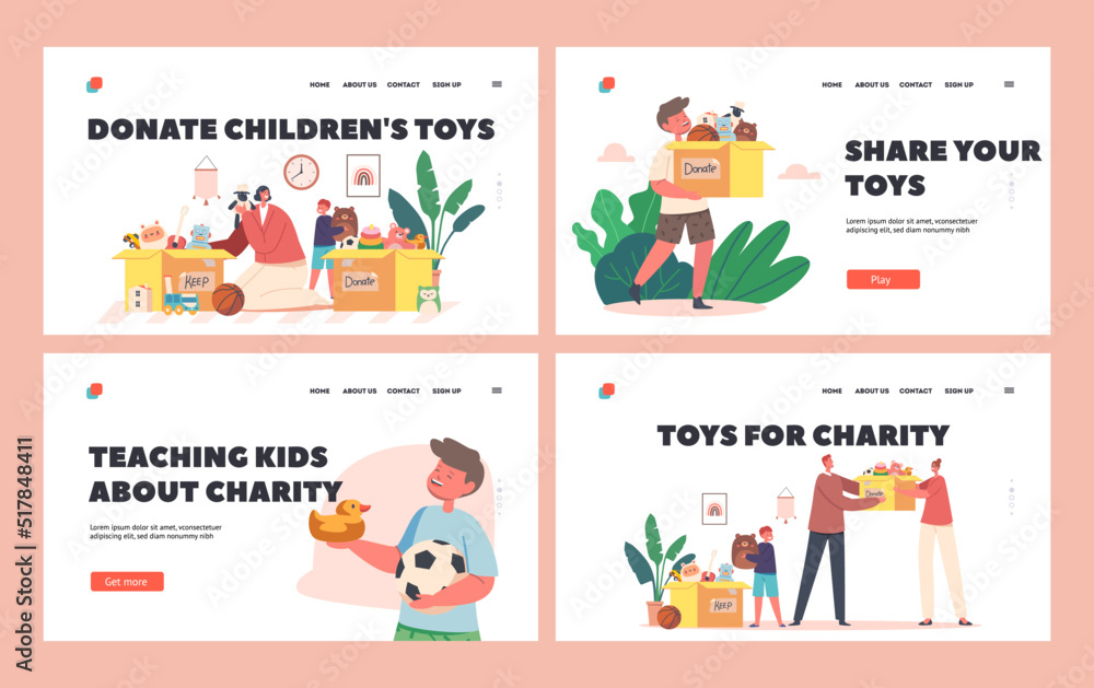 Toys Donation, Humanitarian Aid to Orphans Landing Page Template Set. Children and Volunteer Characters Sorting Toys Box
