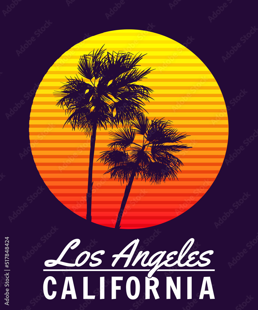 California Los Angeles sunset print t-shirt design. Poster retro palm tree silhouettes