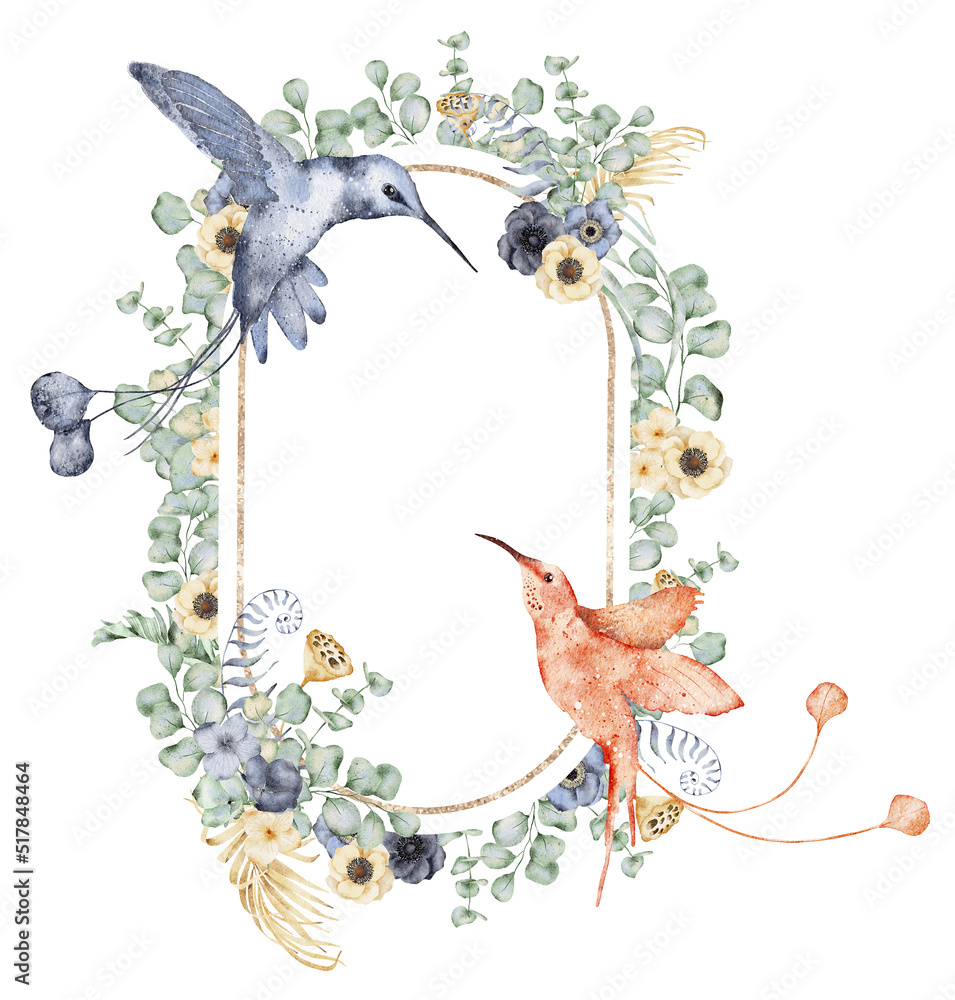 Watercolor frame with anemone hummingbird, flowers, eucalyptus and monstera leaves. Hand drawn illustration Watercolor frame with anemone hummingbird, flowers, eucalyptus and monstera leaves. Hand drawn illustration