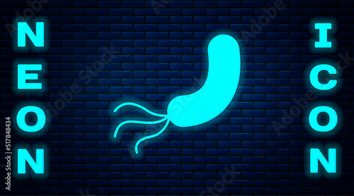 Glowing neon Bacteria icon isolated on brick wall background. Bacteria and germs, microorganism disease causing, cell cancer, microbe, virus, fungi. Vector
