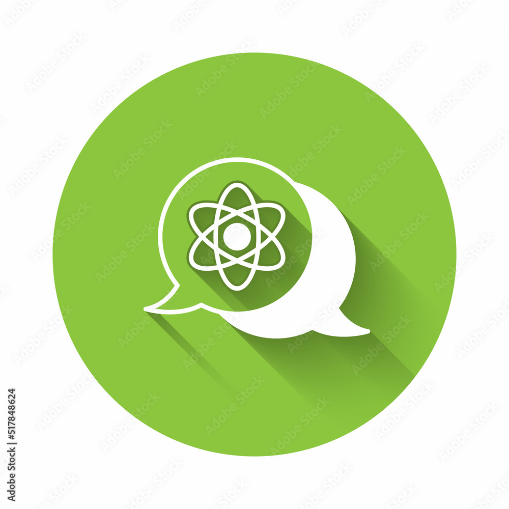 White Atom icon isolated with long shadow background. Symbol of science, education, nuclear physics, scientific research. Green circle button. Vector White Atom icon isolated with long shadow background. Symbol of science, education, nuclear physics, scientific research. Green circle button. Vector