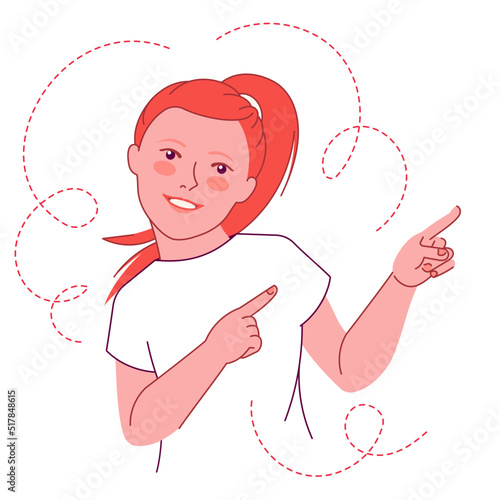 Vector illustration of young preteen cheerful smiling girl pointing on something. Happy positive teenager with pointing fingers. Character with ginger hair Isolated on white. Recommend advert