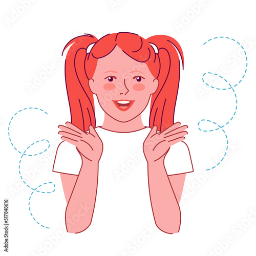 Vector Portrait of young excited shocked smiling girl with funny red tails. Fun surprised preteen school girl with ginger hair isolated on white background