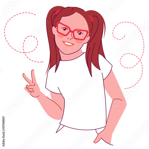 Vector illustration of preteen casual smiling schoolgirl in glasses. Happy positive teenager show peace cool v-sign greetings. Cheerful character Isolated on white