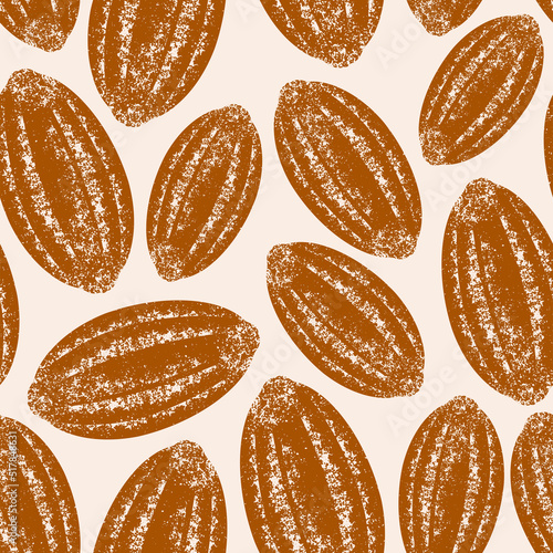 Cacao beans seamless pattern. Cocoa fruit retro background. Vector illustration.