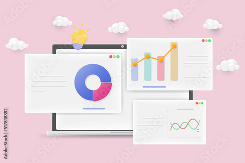 Data analytics concept. Dashboard SEO on screen laptop. Business finance report. 3D Vector Illustrations.