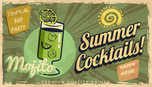Summer Mojito Cocktail Retro banner. Cocktail lounge vintage background, scratched old textured paper