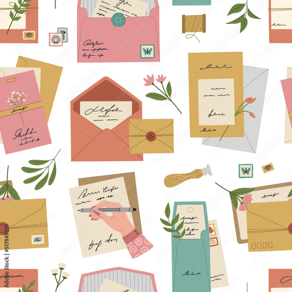 Seamless pattern of envelopes with seals and stamps, romantic postcards and letters. Various stationery and flowers. Hand drawn vector illustration isolated on white background. Flat cartoon style