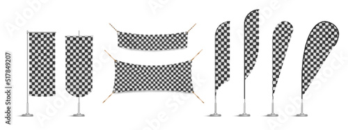 Racing flags, vinyl banners, black and white checkered signboards or billboards on metal poles used in motor sport. Ensigns of rectangular and triangular shapes, Realistic 3d vector illustration, set