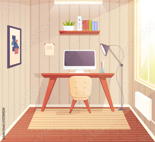 Home office interior, room for working with pc. Warkplace at home, freelance concept vector illustration. Modern draftsman studio, designer architect workplace