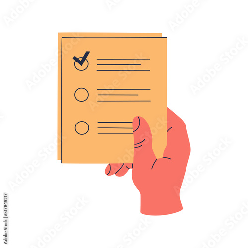Hand holding a blank with to do list or checklist. Hand drawn color vector illustration isolated on white background. Modern flat cartoon style