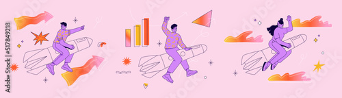 Young girl and two guys flying on the rocket in sky. Businessmen aim for a goal. Launch and development of start ups. Hand drawn vector illustration isolated on purple background. Flat cartoon style