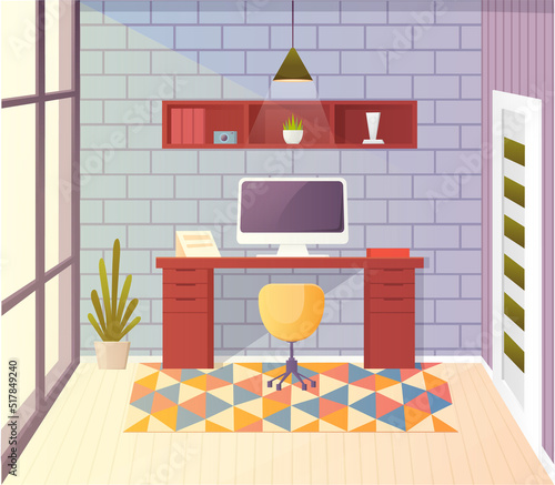 Home office interior, room for working with pc. Warkplace at home, freelance concept vector illustration. Modern draftsman studio, designer architect workplace