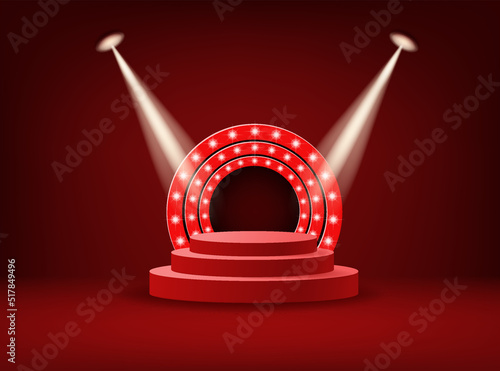 Stage podium with rays of spotlights for Award ceremony Winner with smoke. Red platform concept. Vector illustration