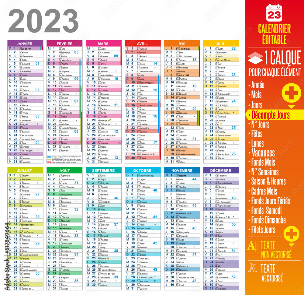 Calendrier 2023 - Template Multicalques modifiable vector de Stock