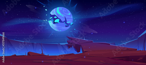 Alien planet futuristic landscape with exploding glowing moon or satellite above rock cliff in dark starry sky. Cartoon fantasy background, game scene with mountains surface, Vector illustration