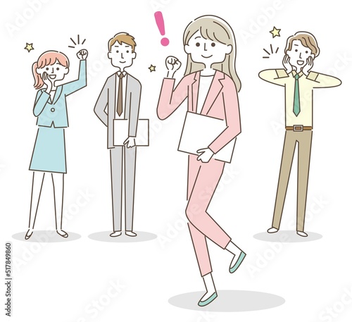 ガッツポーズをする女性と応援する同僚達