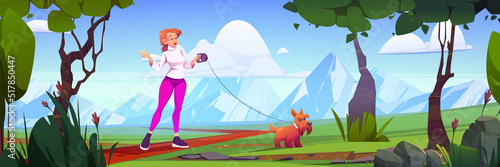 Woman walk with dog in natural park with trees and mountains view. Female character in casual clothes spend time with pet outdoors. Summer time relax, leisure with animal, Cartoon vector illustration