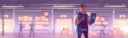 Warehouse or post office workers load boxes on racks and provider control orders. Storehouse logistics business. Loaders work in freight storage with goods on shelves, Cartoon vector illustration