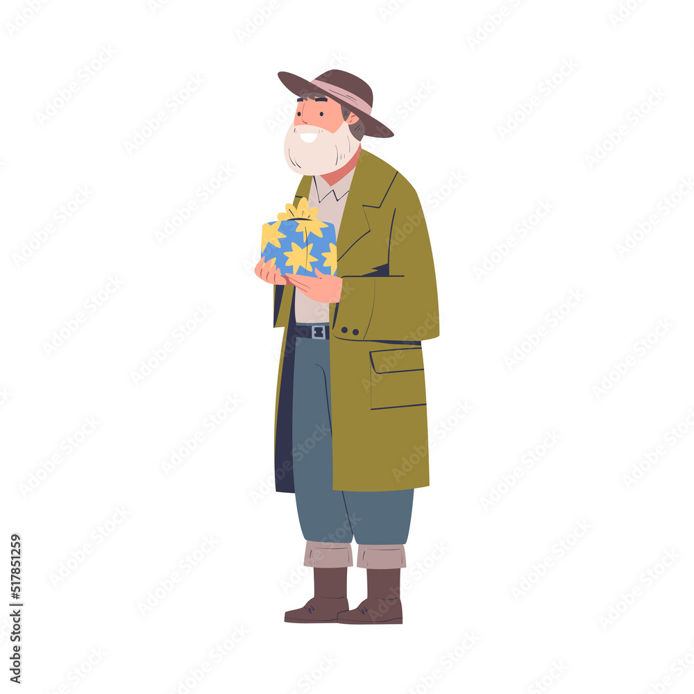 Happy Senior Man Character Holding Gift Box for Holiday Congratulation Vector Illustration Happy Senior Man Character Holding Gift Box for Holiday Congratulation Vector Illustration