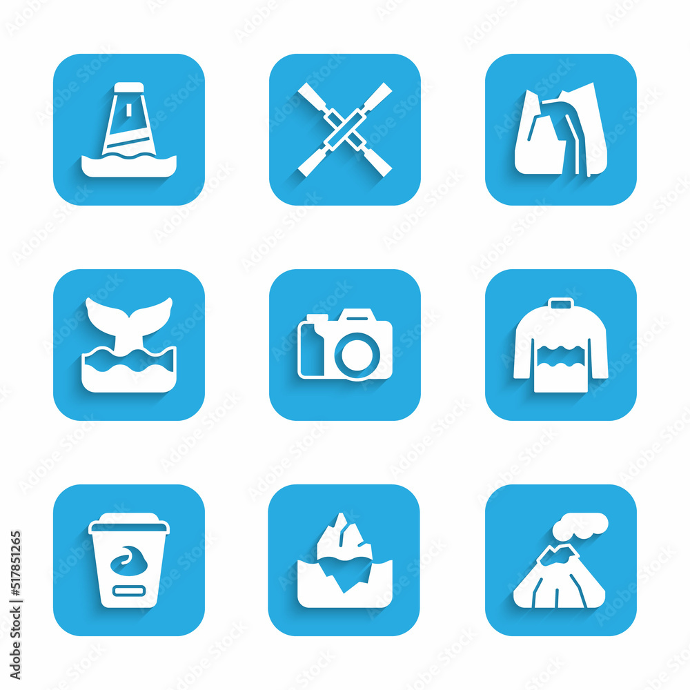 Set Photo camera, Iceberg, Volcano, Sweater, Yogurt container, Whale tail, Waterfall and Lighthouse icon. Vector Set Photo camera, Iceberg, Volcano, Sweater, Yogurt container, Whale tail, Waterfall and Lighthouse icon. Vector
