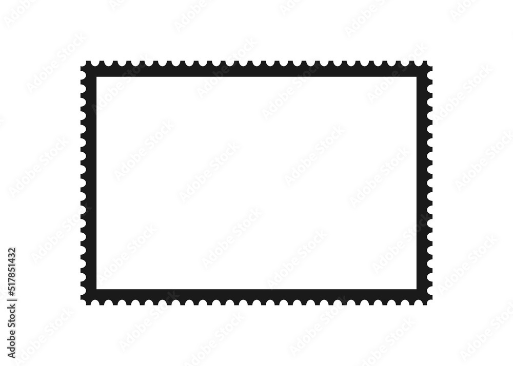 Postage stamp frame. Empty border template for postcards and letters. Blank rectangle and square postage stamp with perforated edge. Vector illustration isolated on white background.