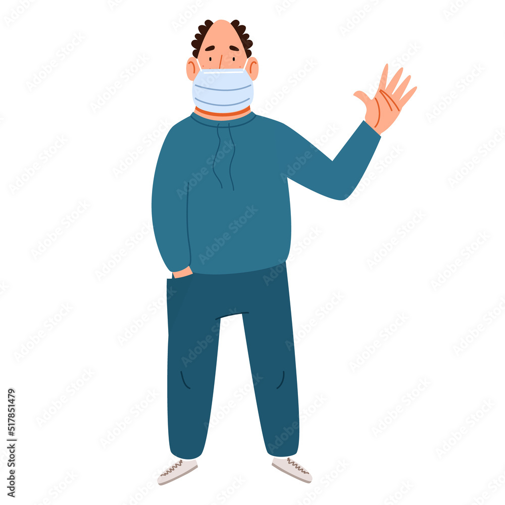 A fashionable man in a medical mask greets. Friendly greeting of a bald guy. Vector illustration in a flat style, isolated on a white background.