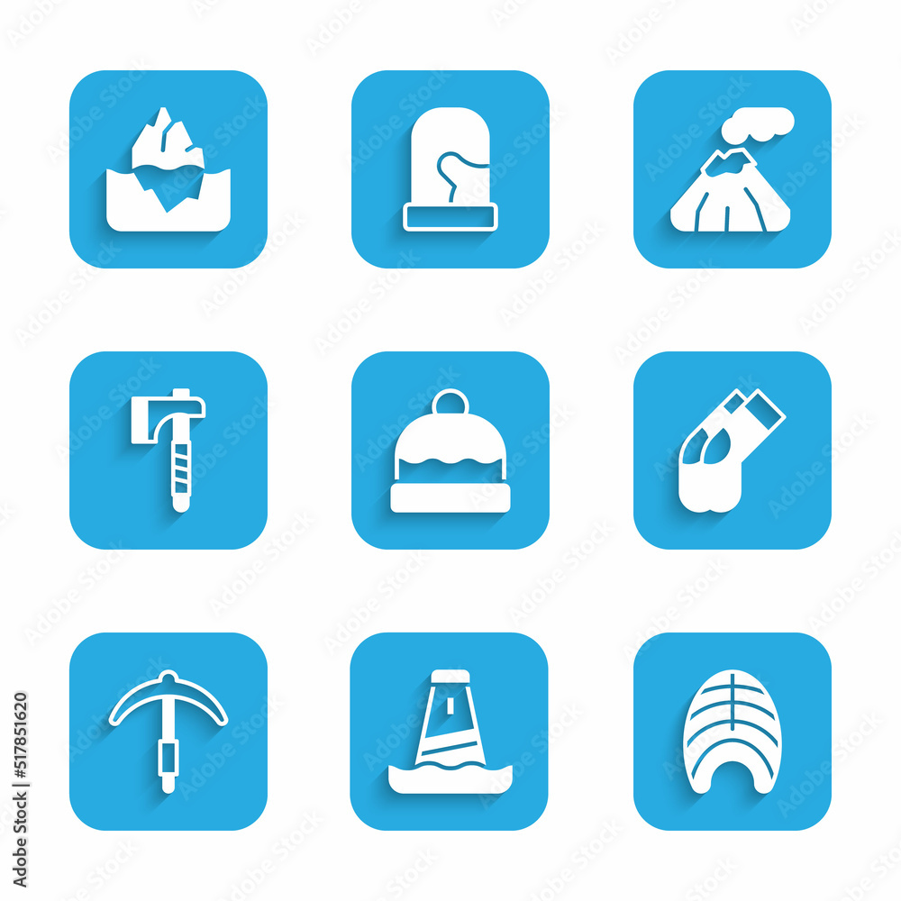 Set Beanie hat, Lighthouse, Fish steak, Socks, Pickaxe, Wooden, Volcano and Iceberg icon. Vector Set Beanie hat, Lighthouse, Fish steak, Socks, Pickaxe, Wooden, Volcano and Iceberg icon. Vector