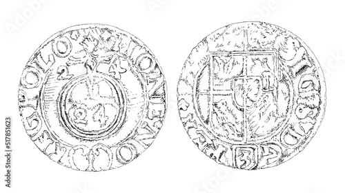 Drawing of ancient Polish coin (trzeciak). Ink on paper.