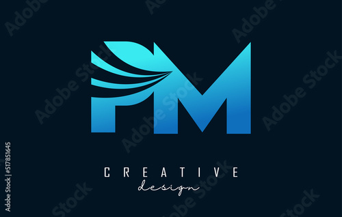 Creative blue letters PM p m logo with leading lines and road concept design. Letters with geometric design.