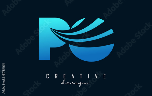 Creative blue letters Po p o logo with leading lines and road concept design. Letters with geometric design.